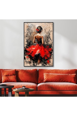 Yağlı Boya Dokulu Tablo Modern Kırmızı Elbiseli Sırtı Dönük Kadın Siyah Çerçeveli U05008-178960