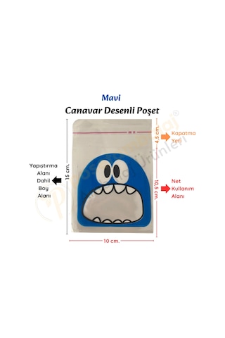100 Adet Mavi-yeşil Renkli Canavar Desenli Cake Pop & Kurabiye Poşeti-10x15 Cm