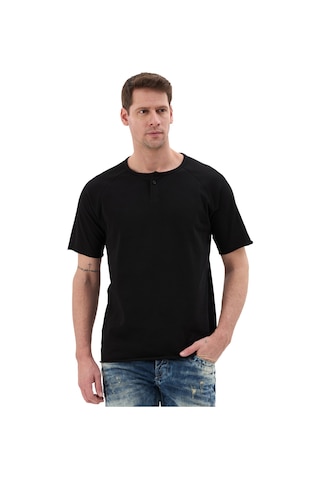 Cipo & Baxx Erkek Siyah Regular Fit Bisiklet Yaka Düğmeli Pamuklu Kısa Kollu Basic Tişört Ct857