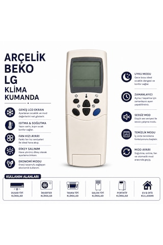 Arçelik Beko Lg Klima Kumandası Lcd Ekranlı Isıtma Soğutma Fan Mod Zamanlayıcı Yedek Kumanda