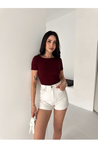 Elaxi Kadın Kısa Kollu Kayık Yaka Buzy Kumaş Tişört Bordo