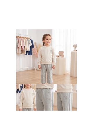 Deniva Kids Kız Çocuk Ekru Mint Yeşili Şerit Detaylı Fiyonklu Bisiklet Yaka Sweatshirt & İspanyol Paça Pantolon 2'li Alt Üst Takım