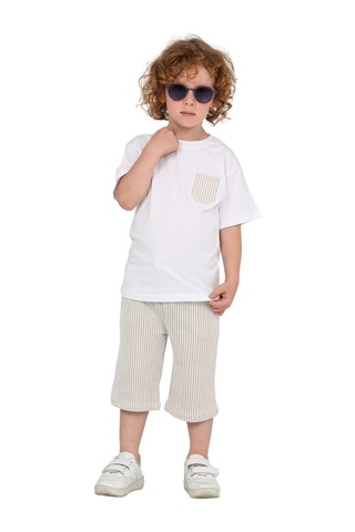 Erdem Kıds Erkek Çocuk Basic T-shirt Şort Çizgili Kaprili Yazlık 2'li Takım Bej Bej