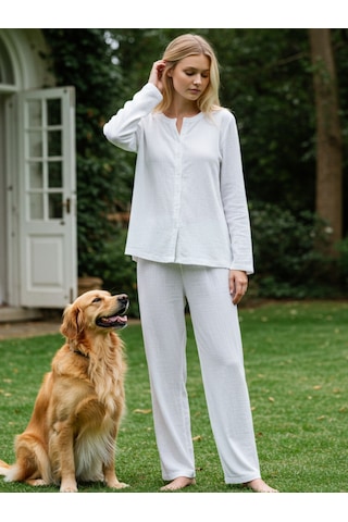 Combattente Exclusive Products Organik Müslin 2'li Takım - Kadın Pijama - Gömlek Takım- Naturel Doğal-oeko Tex Sertifikalı Kumaş Beyaz