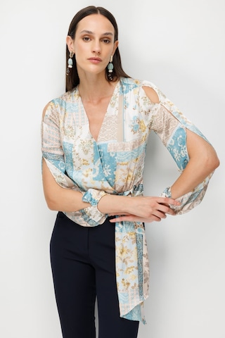 Ekol Kadın Beli Fularlı Desenli Crop Bluz 2094 Turkuaz
