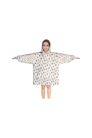 Noel Temalı 6-13 Yaş Çocuk Giyilebilir Battaniye Hoodie, Kalın Peluş, Büyük Boy Krem - Pembe