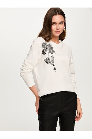 Faik Sönmez Yakası Ribana Detaylı Önü Çiçek Dantel Aplikeli Uzun Kol Tshirt S26tsh088 Us26tsh08873 Ekru
