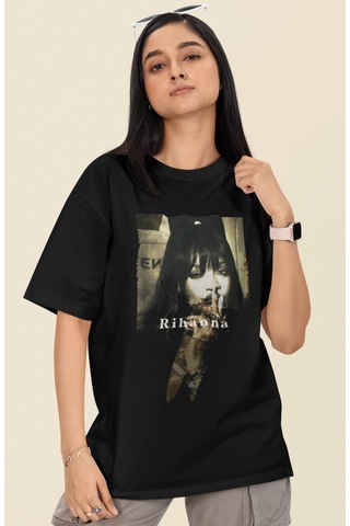Sevbano Tasarım Rihanna Baskılı Unisex Oversize Şarkıcı Tişört Siyah