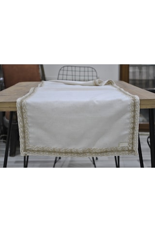 Dnc Home Tekstil Ndchome Özel Tasarım Organik Keten Krem Kum Rengi Dantelli Runner Masa Örtüsü 45 X 150 Krem