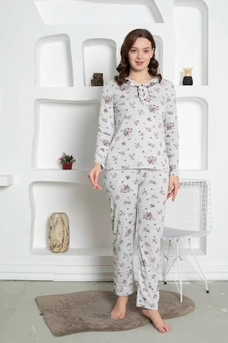 Gri Çiçek Desenli Büyük Beden Kadın Uzun Kol Anne Pijama Takımı - %100 Pamuk Penye Mevsimlik Gri Melanj