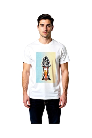 Paybuy Erkek Astronot Kaykay Baskılı Tişört %100 Pamuk Rahat Kesim Kalın Beyaz