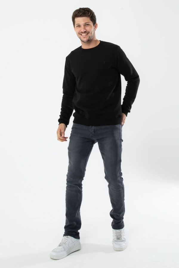 Yxc Trend Maker Erkek Pamuklu Içi Polarlı Nakışlı Relaxed Erkek Sweatshirt Tek Üst Siyah