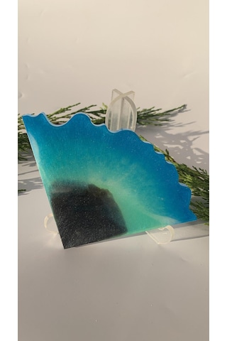 Deniz Mavi Yeşil Siyah Simli Üçgen Dalgalı Epoksi Bardak Altlığı Mavi - Yeşil