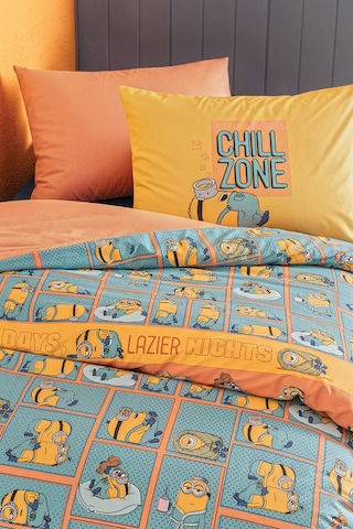 Puffy Minions Lazy %100 Pamuk Tek Kişilik Nevresim Takımı - Mavi