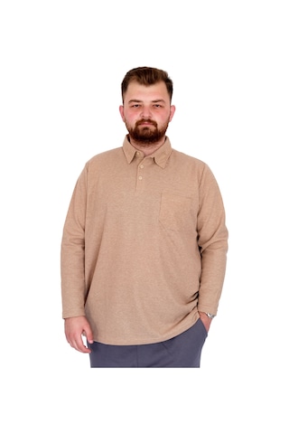 Mode Xl Büyük Beden Erkek Sweatshirtpolo Yaka Uzun Kol Waffle 23449 Bej Bej