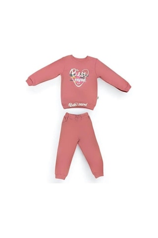 Kız Çocuk Best Mood Yazılı Pamuklu Eşofman Takım-15056 Pembe