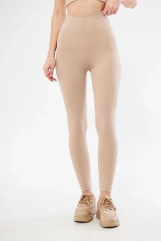 Defymoda Fitilli Full Likralı Yüksek Bel Toparlayıcı Tayt Günlük Ve Spor Kullanım - Bej Bej