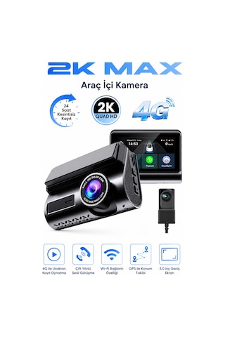 Bagajon 2k Max Araç İçi Kamera 4g Çift Kameralı Wifi Gps Uzaktan Canlı İzleme Gece Görüşlü G-sensör 24 Saat Park Modu