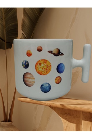 Gezegenler Çift Taraf Baskılı T Kupa Bardak Beyaz T