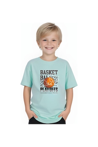 Fyk Kids Erkek Çocuk Yuvarlak Yaka Basketball Baskılı T-shirt Mint Yeşil
