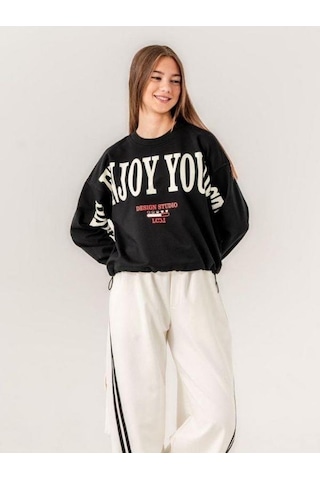 Kız Çocuk Enjoy Baskılı 2 İplik Sweatshirt-15351 Siyah