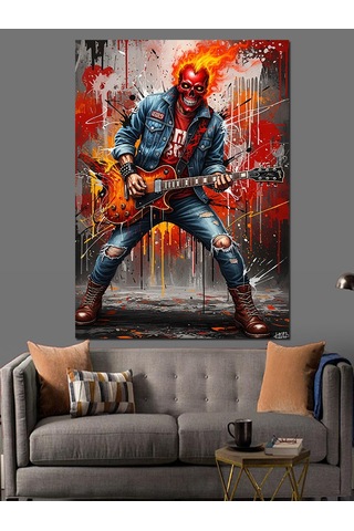 Elektrogitar Çalan Kırmızı Maskeli Rock Müzisyeni Dekoratif Kanvas - Mdf Ahşap Tablo