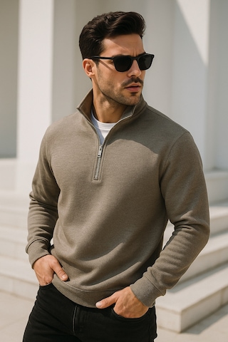 Rich Erkek Bej Yarım Fermuarlı Sweatshirt Bej