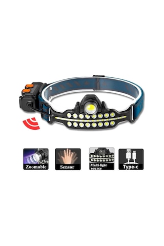 Fithome W690 7 Aydınlatma Modlu Xpe Cob Led Sensörlü Dahili Pilli Usb Şarj Edilebilir Kafa Feneri