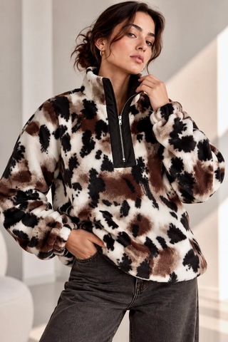 Bbbutikbasic Desenli Dik Yaka Peluş Polar Sweatshirt Nk0606 Kahverengi