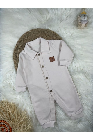 Gömlek Yaka Önden Düğmeli Arma Detaylı Erkek Bebek Tulum Krem