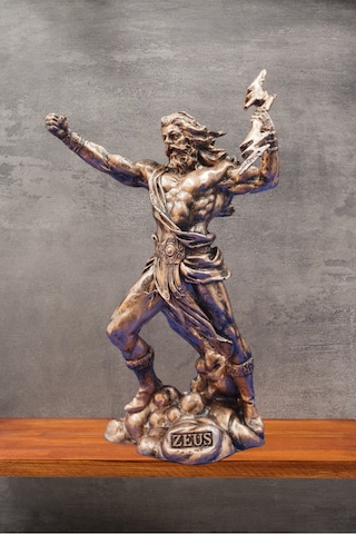Zeus Heykel Biblo Mitolojik Tasarım - Ev Ofis Dekoratif Hediyelik Aksesuar 25 Cm Bakır