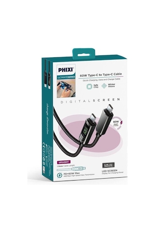 Phixi Ultimate Upd4160t 60w Lcd Ekranlı Metal Başlıklı Hasır Örgü Type-c To Type-c Hızlı Şarj Ve Data Kablo