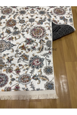 Otantik Çiçekli Desen Saçaklı Mavi Krem Kaymaz Taban Yıkanabilir Kesme Yolluk Halı Çok Renkli