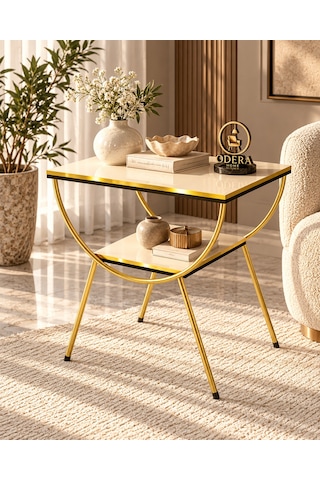 Odera Çift Çift Raflı Yan Sehpa Komodin Metal Ayaklı Retro Modern Sehpa Diğer