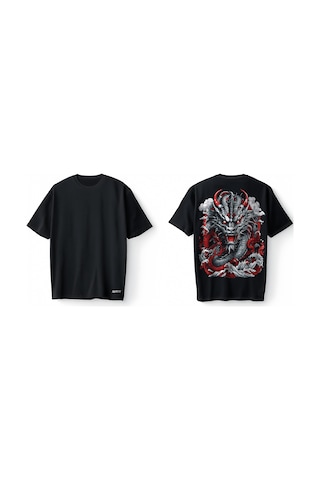 Bumeta Fire Red Dragon Fury Oversize Unisex Tişört T-shirt Siyah