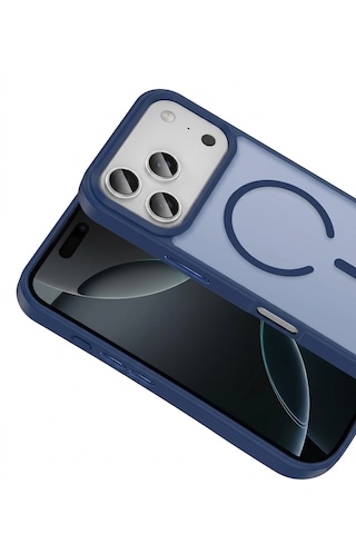Apple iPhone 17 Pro Uyumlu Magsafe Özellikli Kenarları Plastik Rot Silikon Kılıf Lacivert