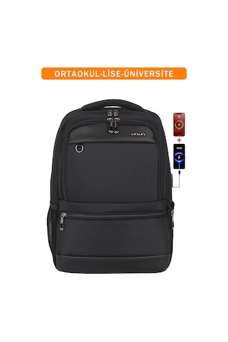 Körüklü Siyah Okul Sırt Çantası Lise Üniversite Unisex Su Geçirmez Kumaş 14"-15,6" İnç Siyah