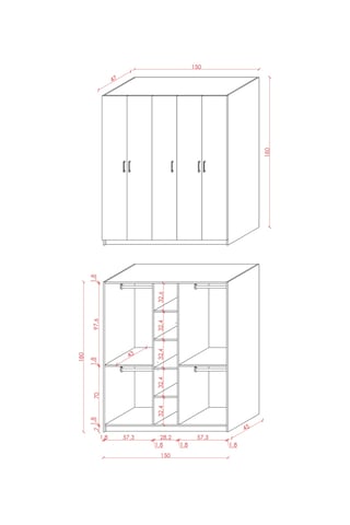Asra Trend 5 Kapaklı Gardırop G-09 %100 MDF Çift Katlı Askılı Elbise Dolabı Beyaz