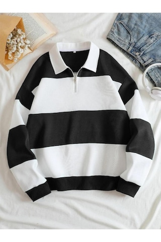 Altamira Unisex Çizgili Oversize Polo Yaka Yarım Fermuarlı Sweatshirt 001