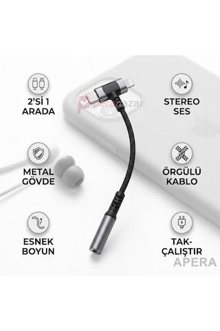 Type-c Ve 8 Pin 3.5mm Aux Kulaklık Dönüştürücü Çift Uçlu Örgülü Ses Adaptörü İos Ve Android Uyumlu Kulaklık Ve Aux Bağlantı Kablosu Cr97