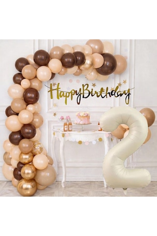 2 Yaş Pompa Hediyeli Doğum Günü Seti Banner Gold Kahverengi Kum Beji Ten Rengi Balonlar Krem Rakam Çok Renkli