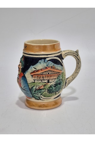 Vintage Tankart Kabartma İnsan Ve Doğa Tasfirli Alman Seramik Bira Bardağı 9,5cm 002