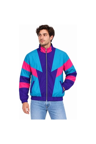 Veraura Lifestyle Erkek 80 Ler Retro Wintage Dijital Baskılı Fermuarlı Rüzgar Kesici Mevsimlik Ceket Çok Renkli