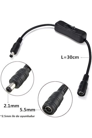 30cm Dc Adaptör Dişi - Erkek Bağlantı Kablo 5.5x2.1mm On/off Duy Anahtarlı