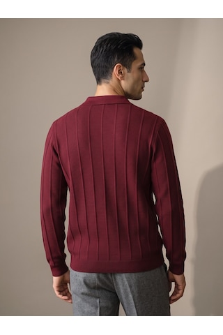 Maccali Erkek Bordo Waffle Dokulu Fermuarlı Polo Yaka Triko Kazak
