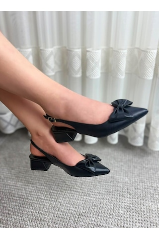 Asmi Shoes Kadın Mina Siyah Cilt Arkası Açık Sivri Burun Fiyonk Detaylı 4 Cm Topuklu Ayakkabı