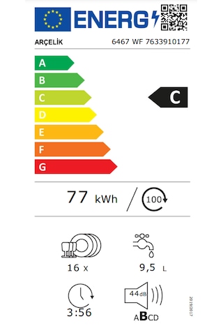 Arçelik 6467 WF 6 Programlı 16 Kişilik Bulaşık Makinesi