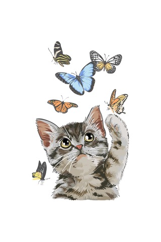 Paybuy Çocuk Kısa Kollu Tişört Kedi Kelebek Baskılı Rahat Kesim %100 Pam Siyah