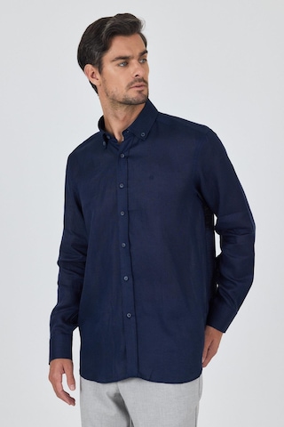 İmza Uzun Kol Düz Keten Düğmeli Yaka Cepsiz Casual Comfort Fit Gömlek 1004250114 Koyu Lacivert