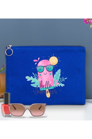 Bk Gift Yaz Temalı-5 Astarlı Mavi Portföy Çanta 30x21cm, Baskılı El Çantası, Organizer Çanta
